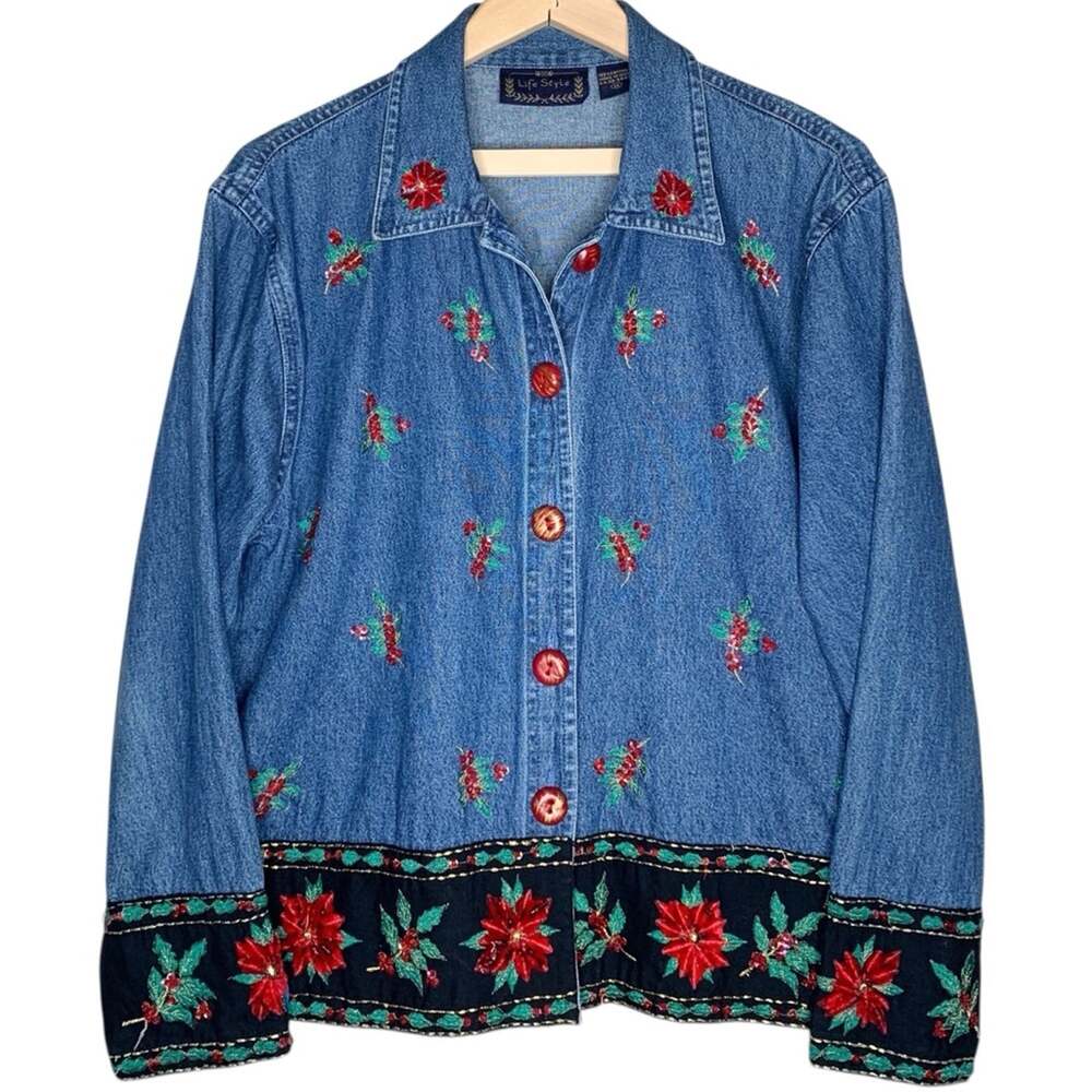 Vintage 90s Holiday Christmas Denim Jean Jacket M Poinsettia Holly Sequins